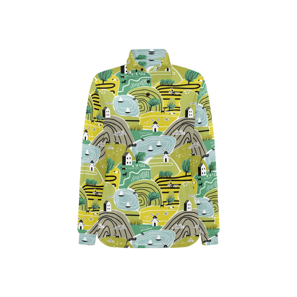 Hand drawn windmill pattern Women's Long Sleeve Polo Shirt