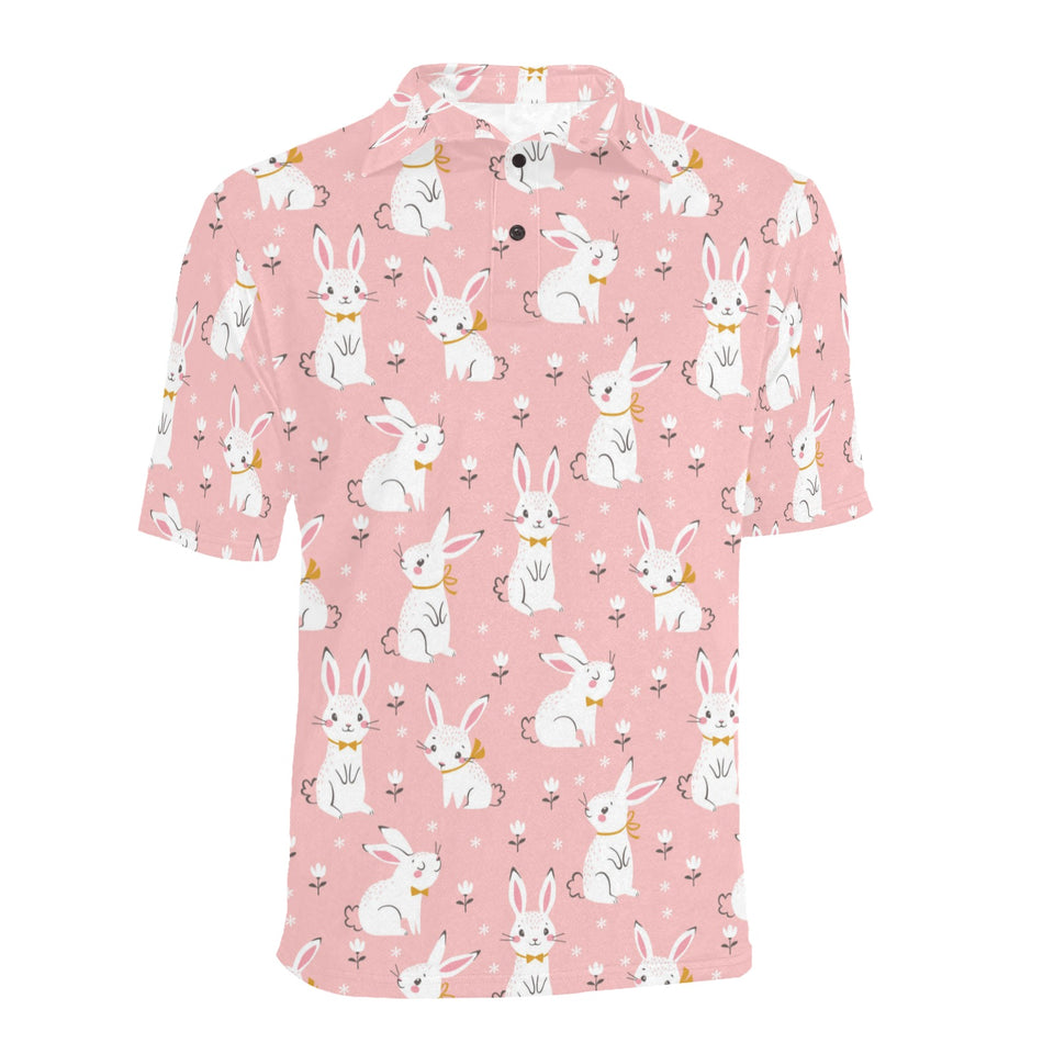 Cute white rabbit flower pink background Men's All Over Print Polo Shirt