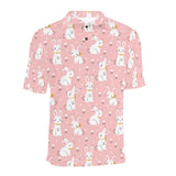 Cute white rabbit flower pink background Men's All Over Print Polo Shirt