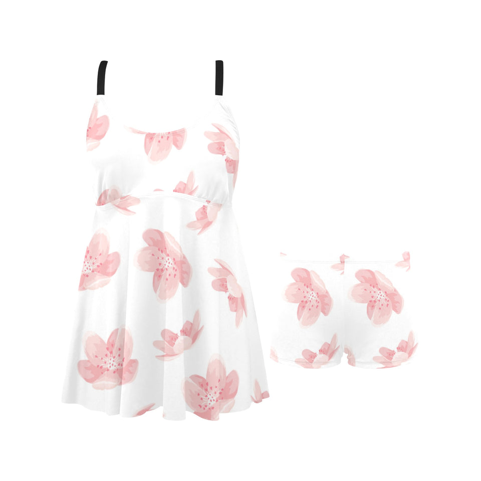 Pink sakura cherry blossom pattern Chest Sexy Pleated Two Piece Swim Dress