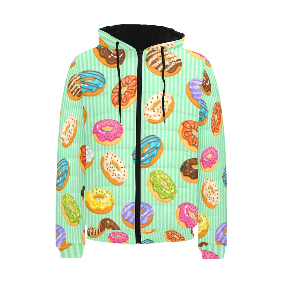 Colorful donut pattern green background Men's Padded Hooded Jacket