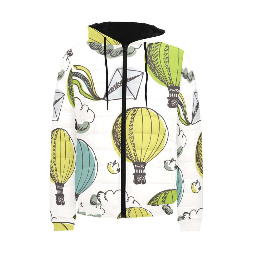 Hot Air Balloon Bird Cloud Pattern Men's Padded Hooded Jacket