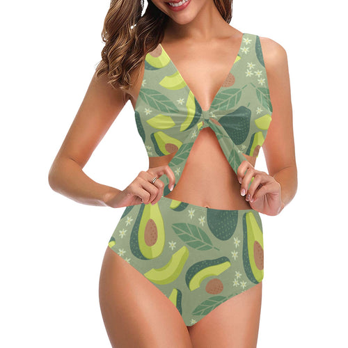 Avocado pattern Chest Bowknot High Waisted Bikini Swimsuit