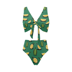 Durian pattern green background Chest Bowknot High Waisted Bikini Swimsuit