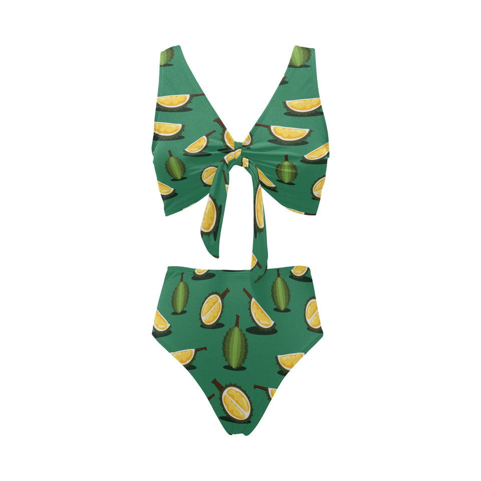 Durian pattern green background Chest Bowknot High Waisted Bikini Swimsuit