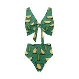 Durian pattern green background Chest Bowknot High Waisted Bikini Swimsuit