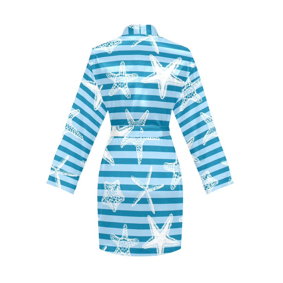 Starfish blue blackground Women's Long Sleeve Belted Night Robe