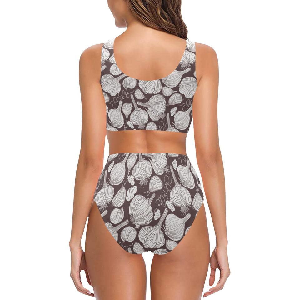 Garlic bulb dark background Chest Bowknot High Waisted Bikini Swimsuit