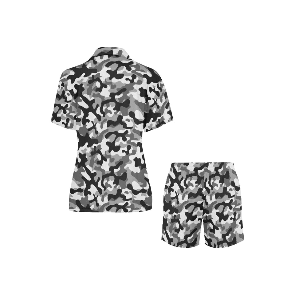 Black white camouflage pattern Women's V-Neck Short Pajama Set