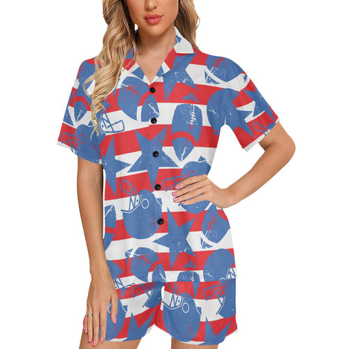 American football ball star stripes pattern Women's V-Neck Short Pajama Set