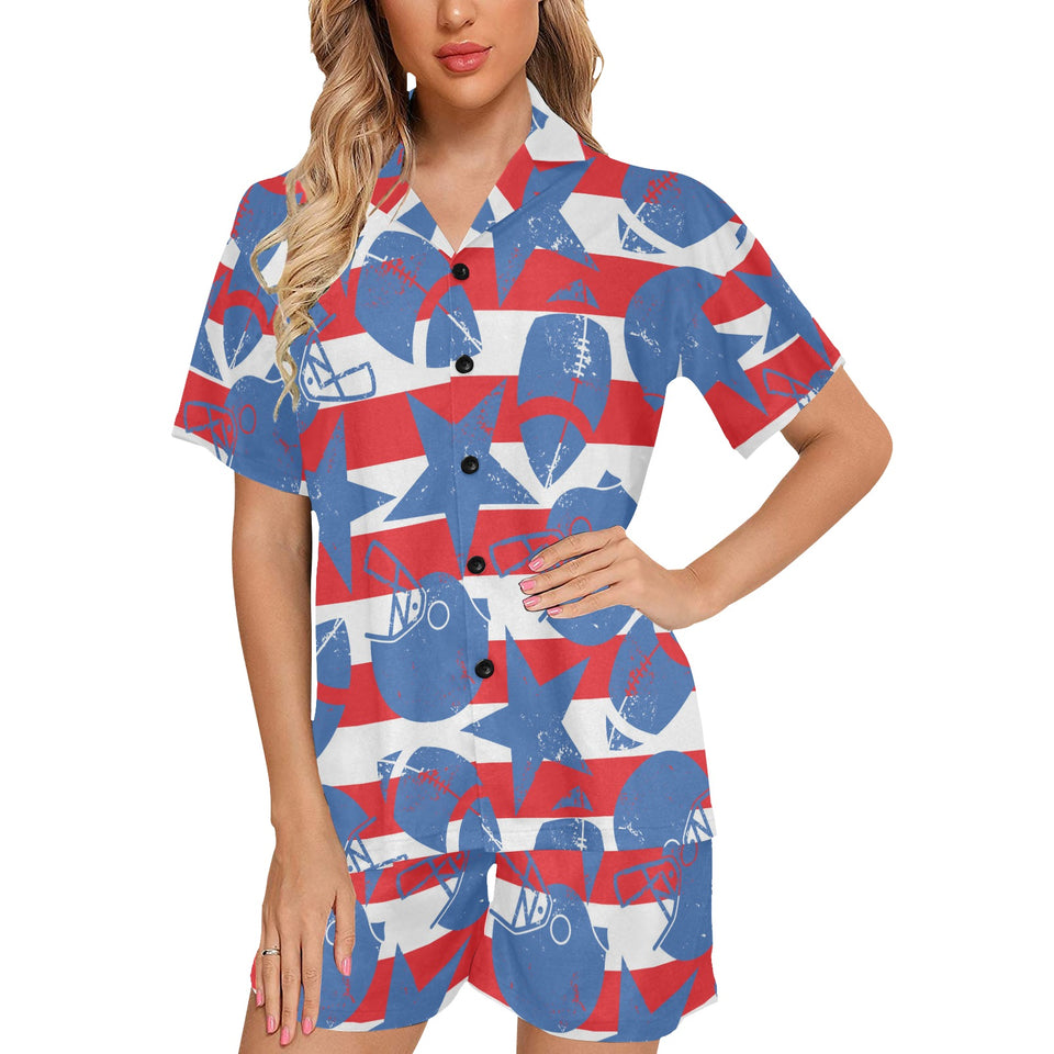 American football ball star stripes pattern Women's V-Neck Short Pajama Set