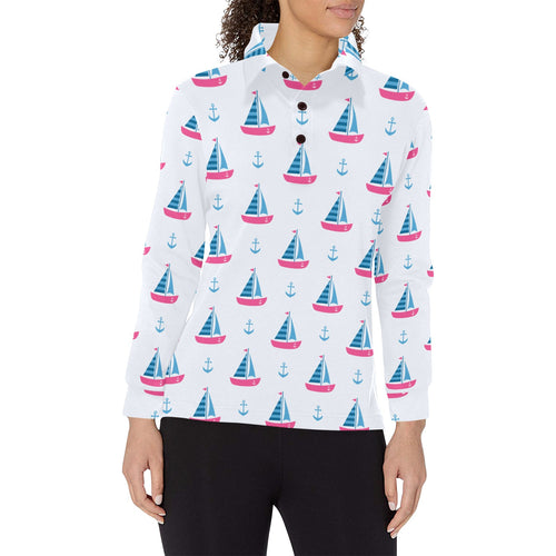 Sailboat anchor pattern Women's Long Sleeve Polo Shirt
