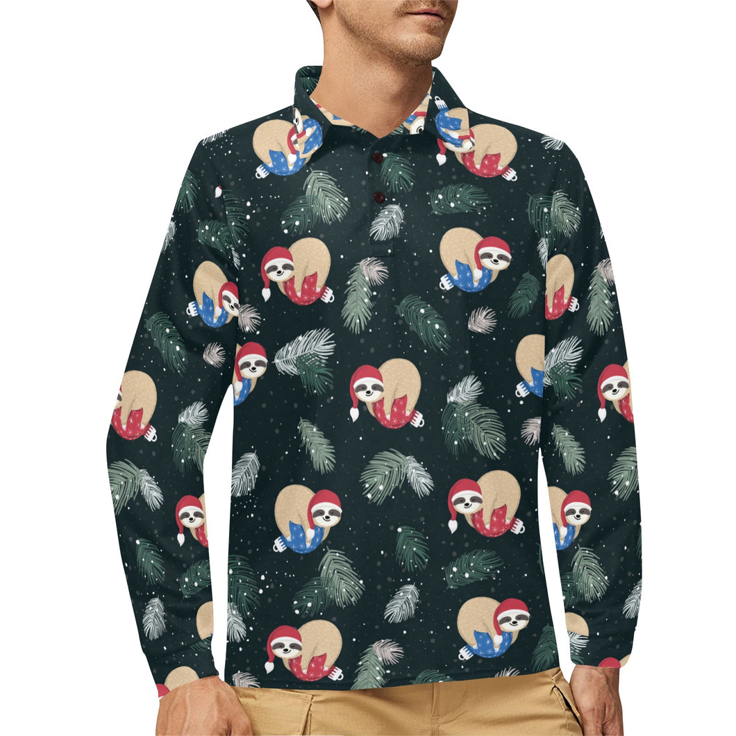 Cute sloths sleeping christmas ball santa hat patt Men's Long Sleeve Polo Shirt