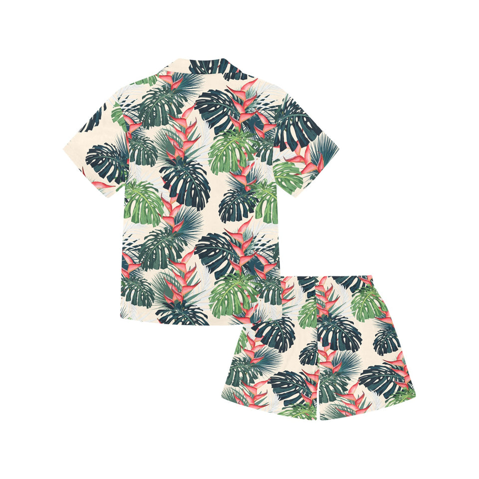 heliconia flowers, palm and monstera leaves Kids' Boys' Girls' V-Neck Short Pajama Set