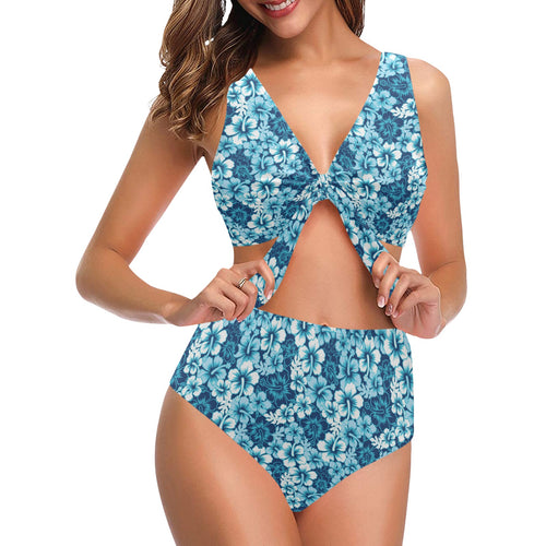 Hibiscus Pattern Print Design 03 Chest Bowknot High Waisted Bikini Swimsuit