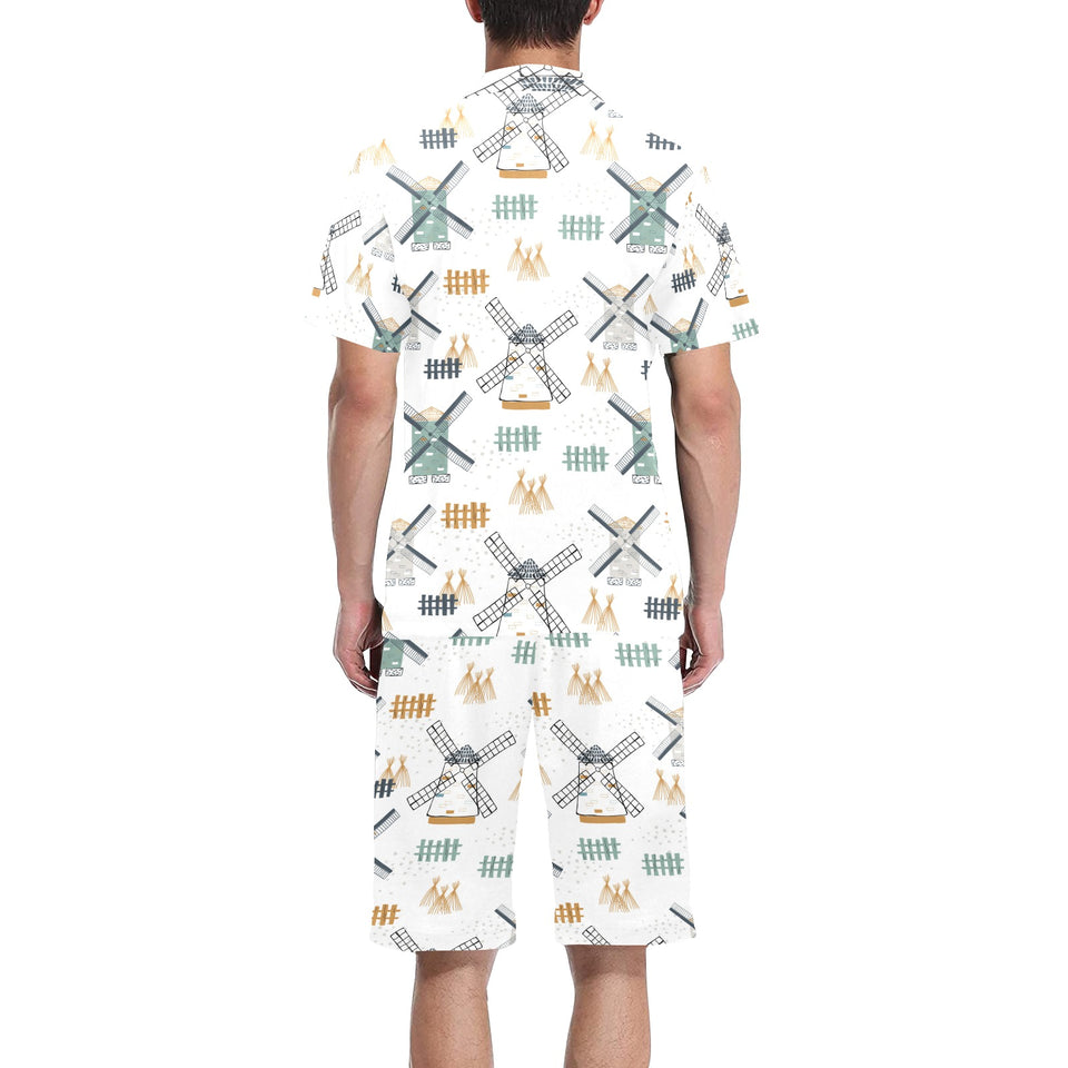 windmill pattern Men's V-Neck Short Pajama Set