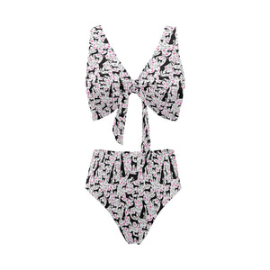 Greyhound Pattern Print Design 02 Chest Bowknot High Waisted Bikini Swimsuit