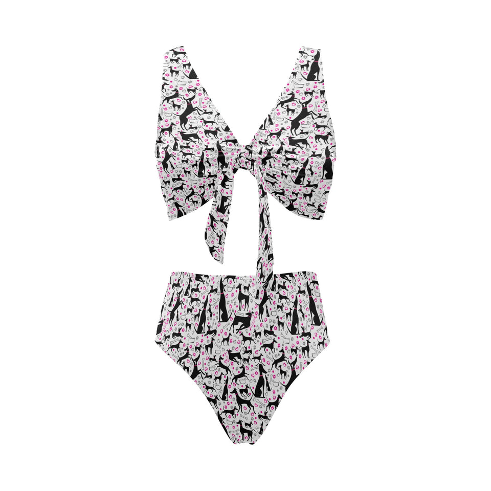 Greyhound Pattern Print Design 02 Chest Bowknot High Waisted Bikini Swimsuit