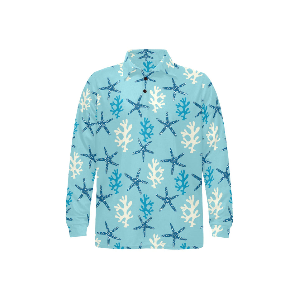 Blue starfish coral reef pattern Men's Long Sleeve Polo Shirt