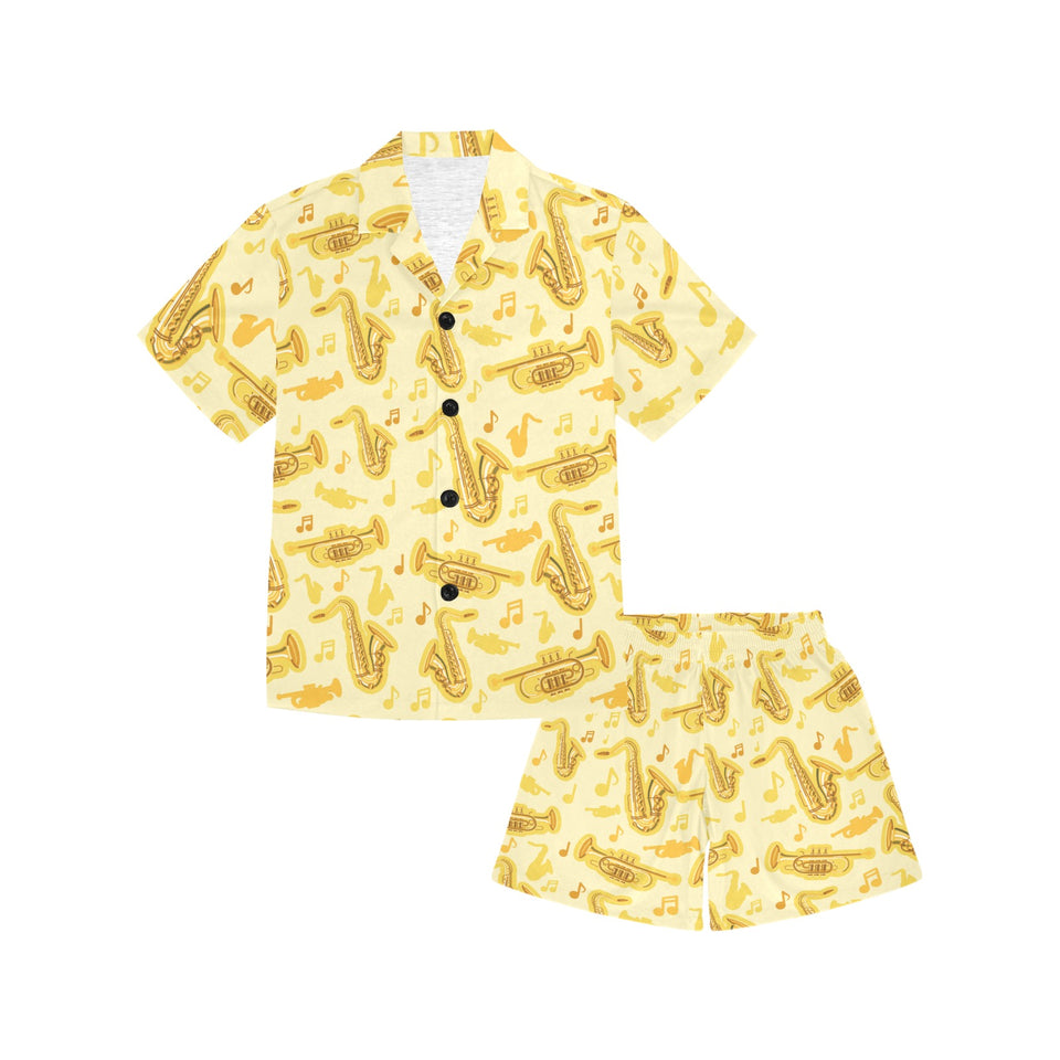 Saxophone cornet pattern yellow background Kids' Boys' Girls' V-Neck Short Pajama Set