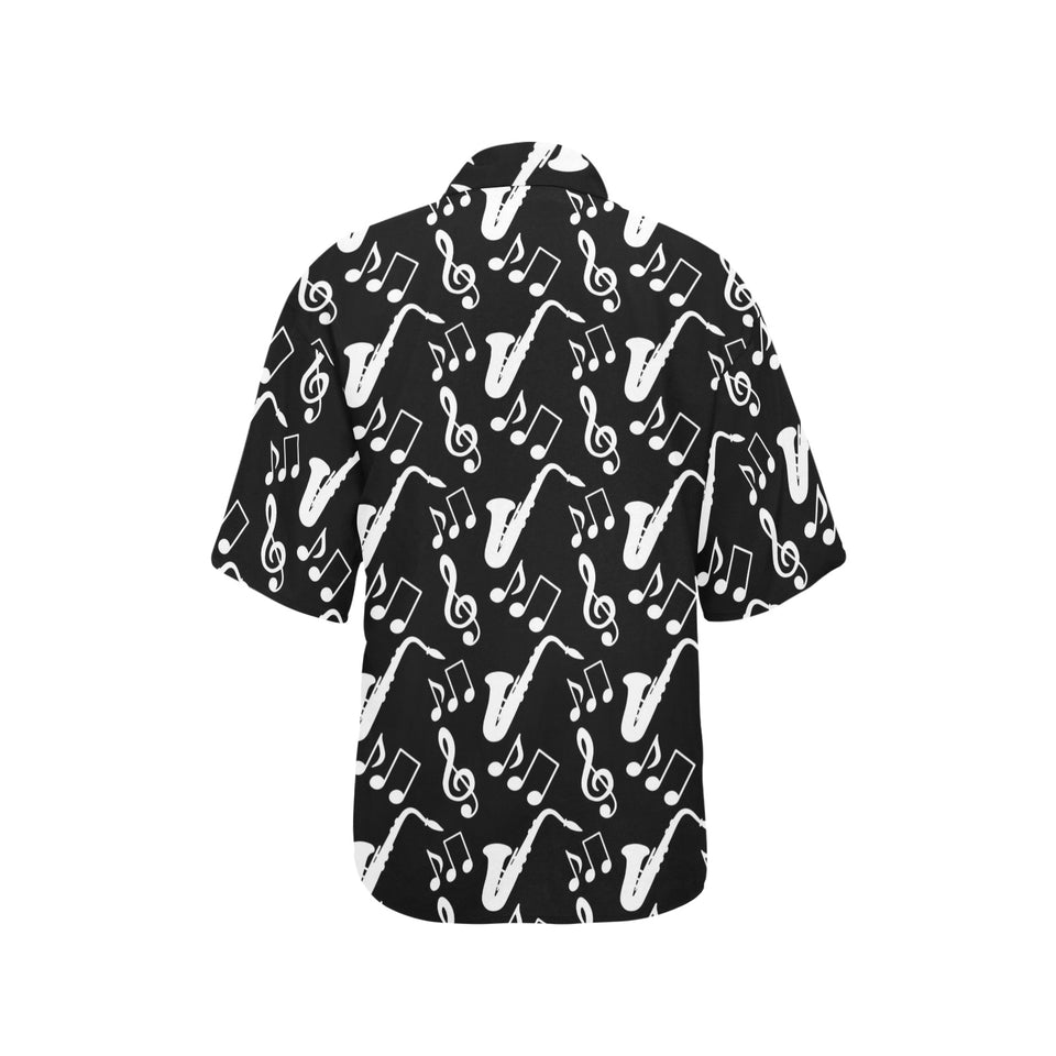 Saxophone music notes treble clef black white them Women's All Over Print Hawaiian Shirt