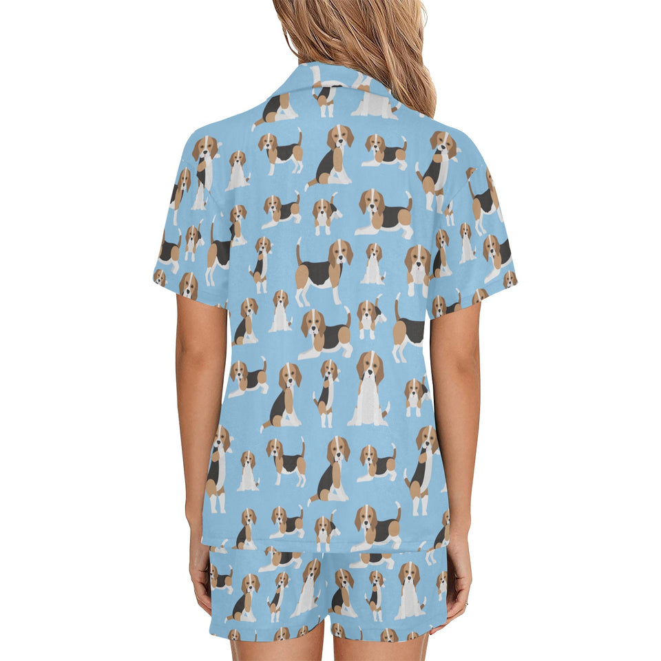 Beagle dog blue background pattern Women's V-Neck Short Pajama Set