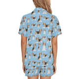 Beagle dog blue background pattern Women's V-Neck Short Pajama Set