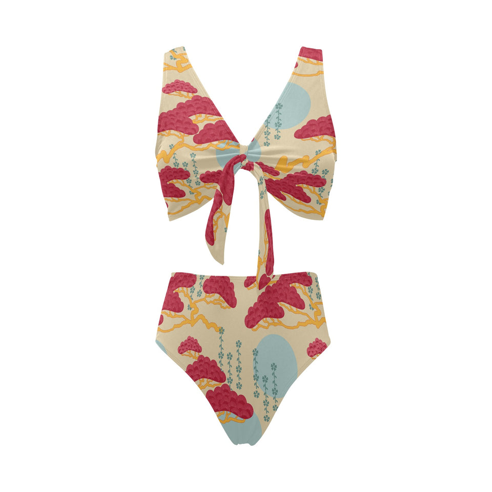 Red Bonsai gray sun japanese pattern Chest Bowknot High Waisted Bikini Swimsuit