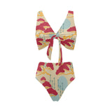 Red Bonsai gray sun japanese pattern Chest Bowknot High Waisted Bikini Swimsuit