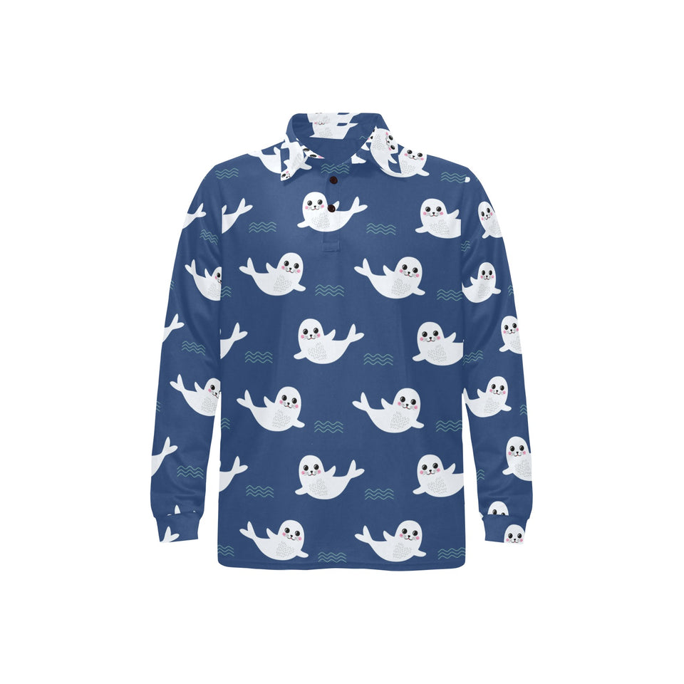 Cute white baby sea lion seal pattern Men's Long Sleeve Polo Shirt