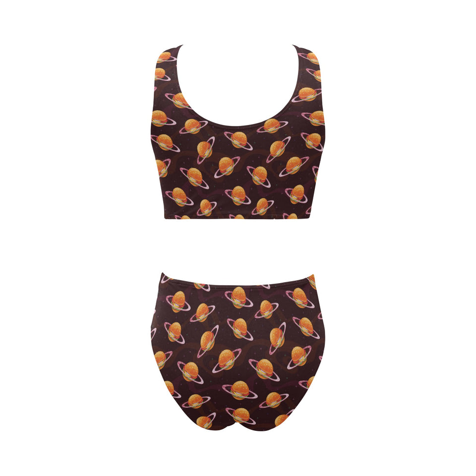 Hamburger Pattern Print Design 05 Chest Bowknot High Waisted Bikini Swimsuit