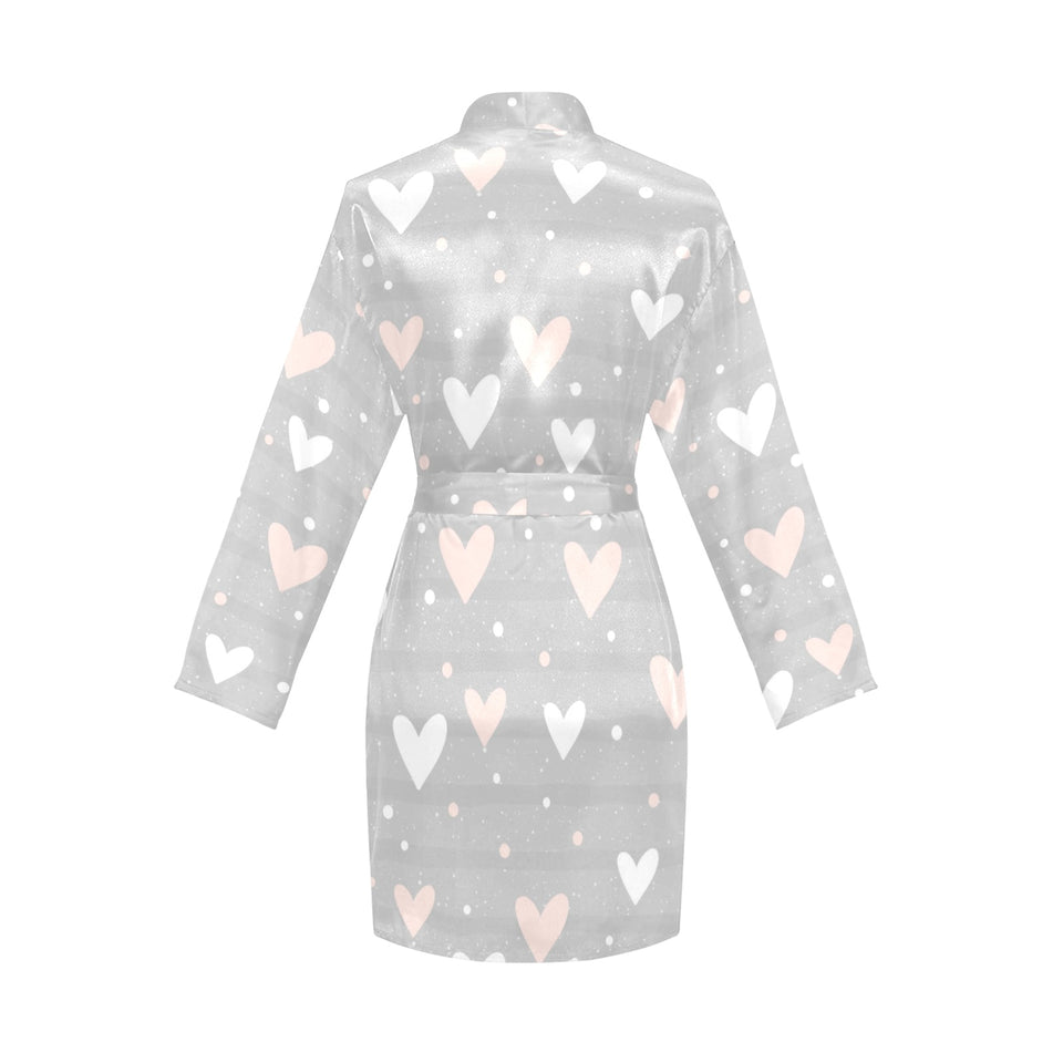 Heart pattern gray background Women's Long Sleeve Belted Night Robe