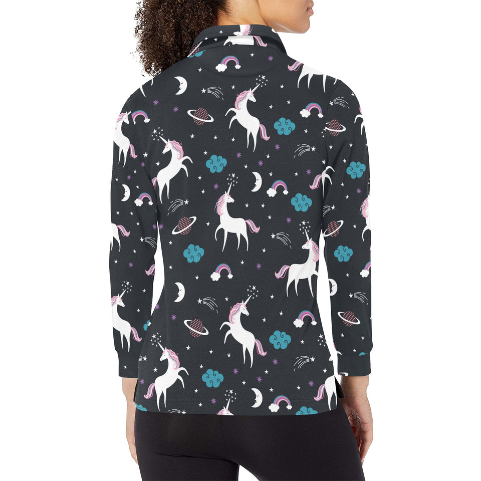 unicorn rainbows moon clound star pattern Women's Long Sleeve Polo Shirt