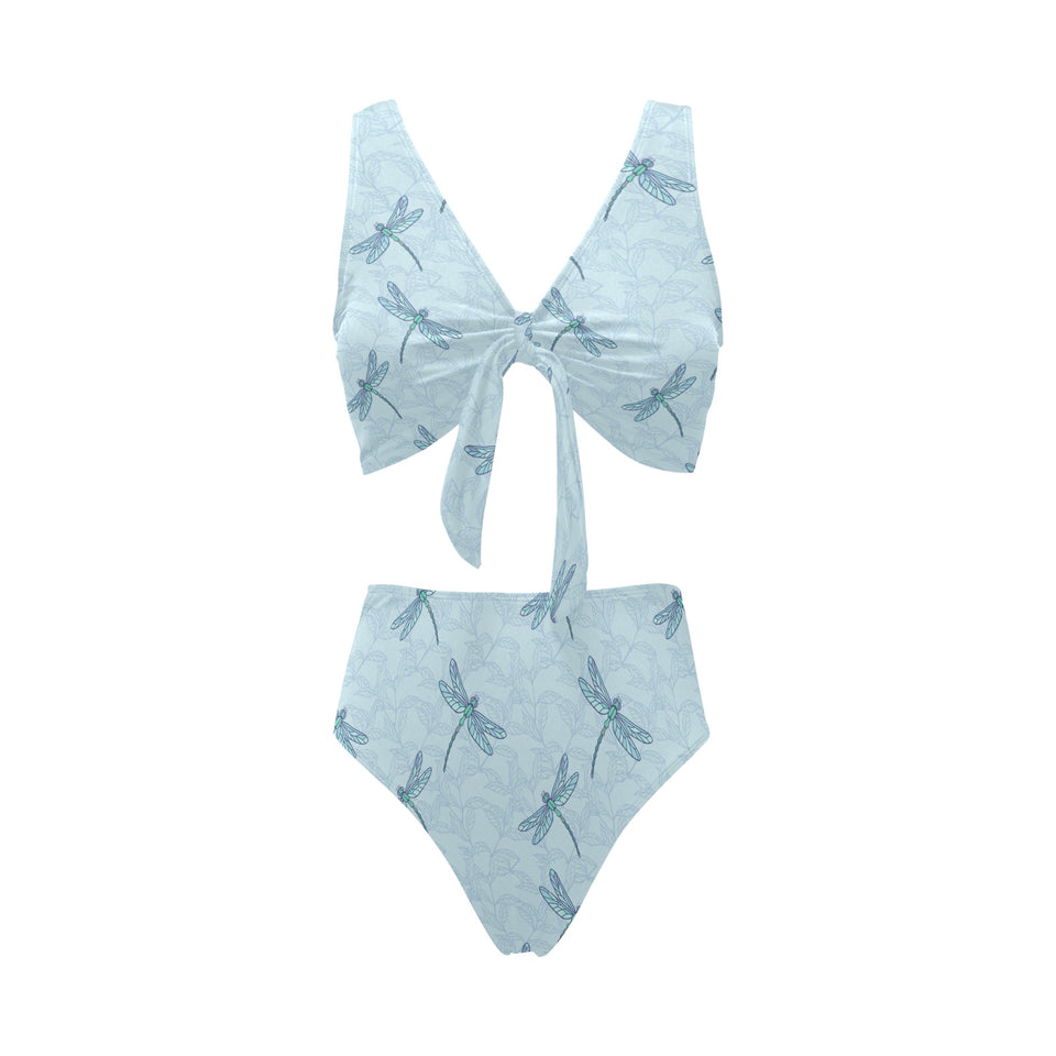 Dragonfly pattern blue background Chest Bowknot High Waisted Bikini Swimsuit