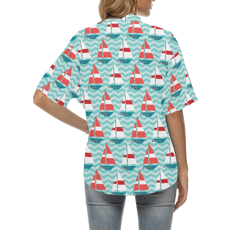 Red White sailboat wave background Women's All Over Print Hawaiian Shirt