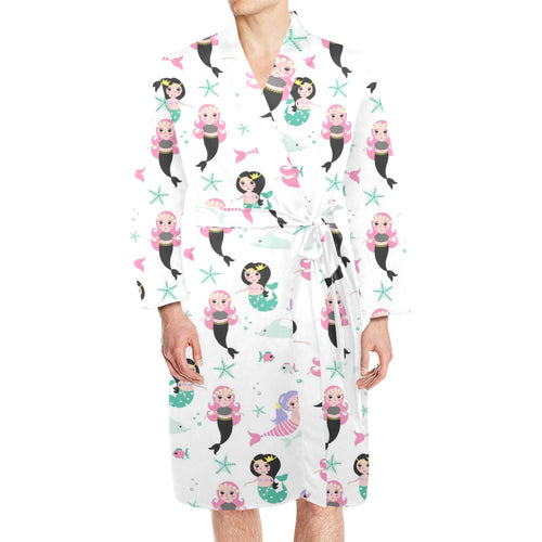 cute mermaid dolphin fish starfish pattern Men's Long Sleeve Belted Night Robe