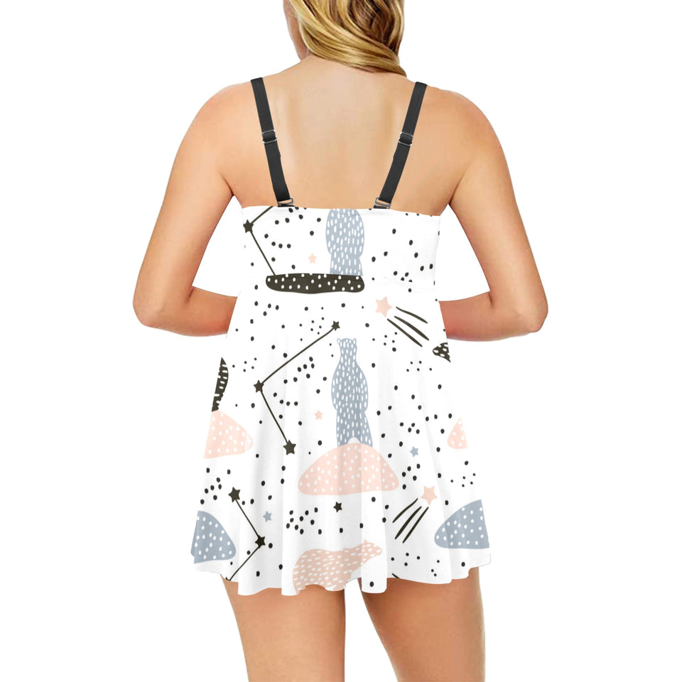 Polar bears star poka dot pattern Chest Sexy Pleated Two Piece Swim Dress