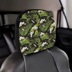 White orchid flower tropical leaves pattern blackg Car Headrest Cover