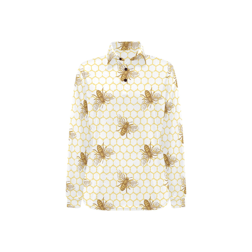 Bee honeycomb seamless design pattern Women's Long Sleeve Polo Shirt