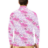 Pink flamingo flower pattern Men's Long Sleeve Polo Shirt