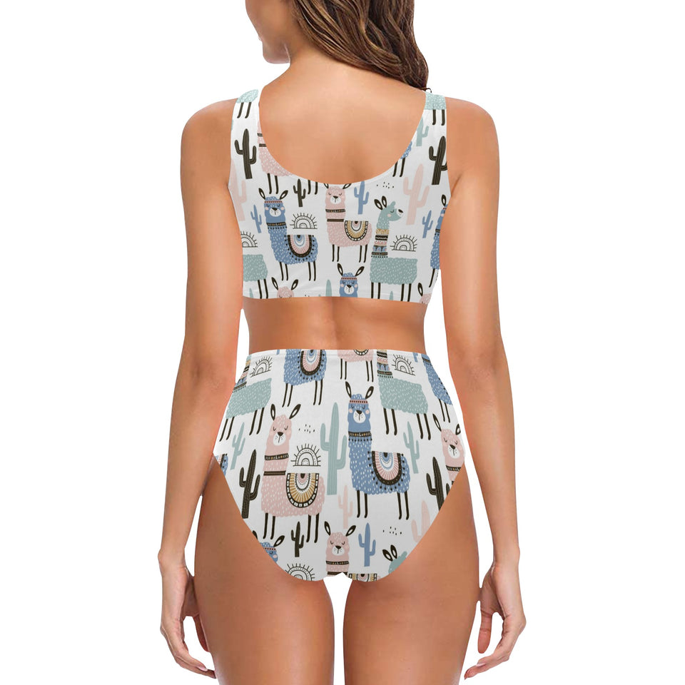 lama Alpaca cactus hand drawn pattern Chest Bowknot High Waisted Bikini Swimsuit