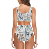 lama Alpaca cactus hand drawn pattern Chest Bowknot High Waisted Bikini Swimsuit