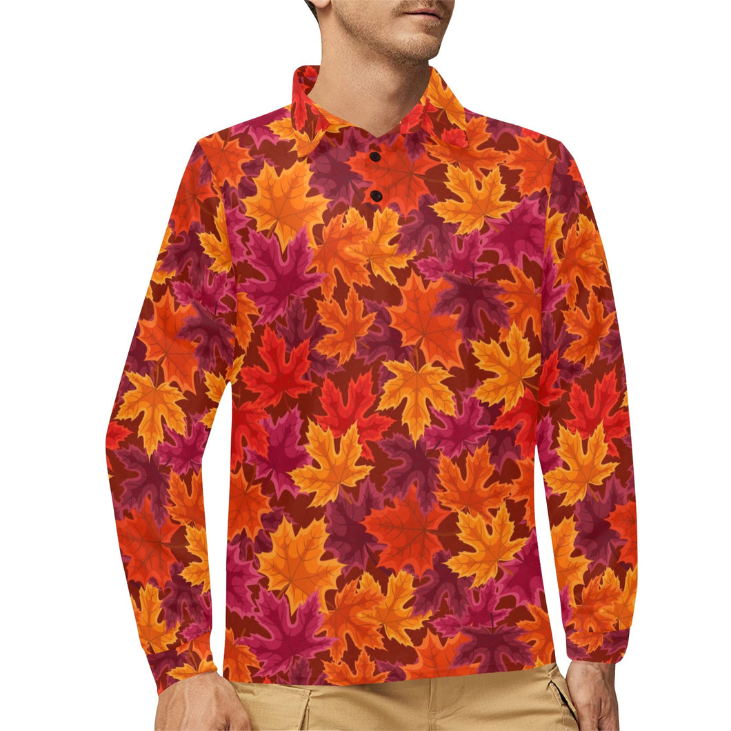 Autumn maple leaf pattern Men's Long Sleeve Polo Shirt