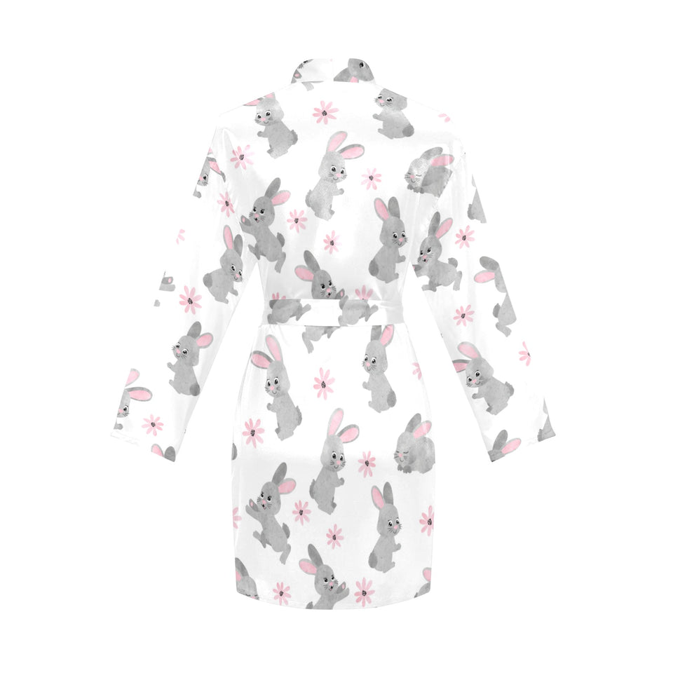 Watercolor cute rabbit pattern Women's Long Sleeve Belted Night Robe