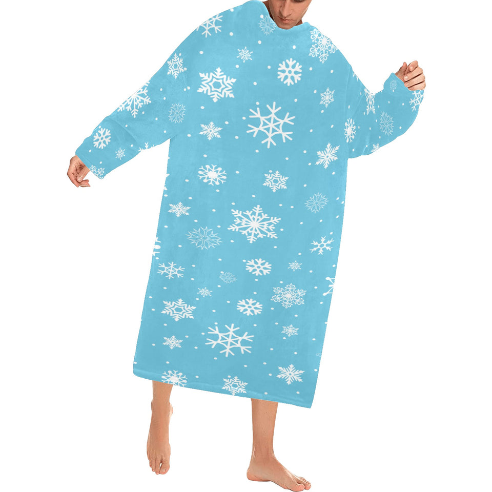 Snowflake pattern blue background Blanket Robe with Sleeves