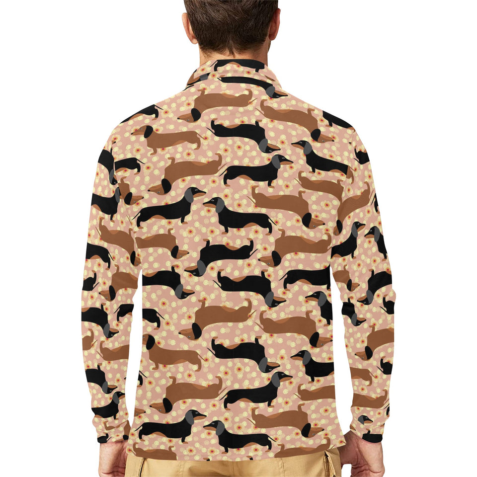 Dachshund floral background Men's Long Sleeve Polo Shirt
