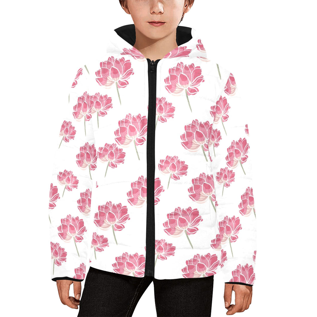 Pink lotus waterlily pattern Kids' Boys' Girls' Padded Hooded Jacket