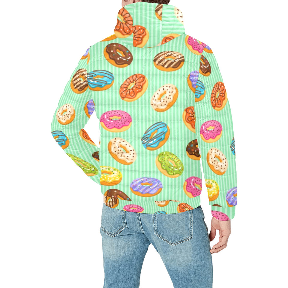 Colorful donut pattern green background Men's Padded Hooded Jacket