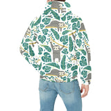 Cute sloths tropical palm leaves white background Men's Padded Hooded Jacket