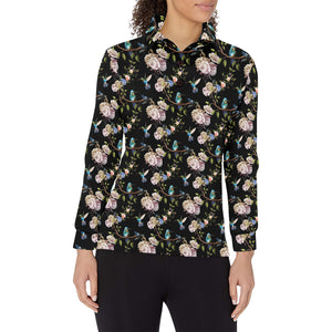 Hummingbird Pattern Print Design 03 Women's Long Sleeve Polo Shirt